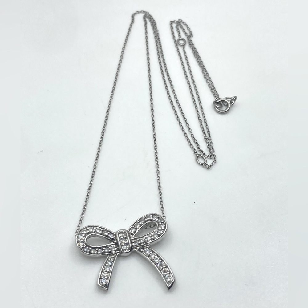 Vtg Sterling & CZ Crystal Bow Ribbon Necklace 16” - 21” Adjustable
